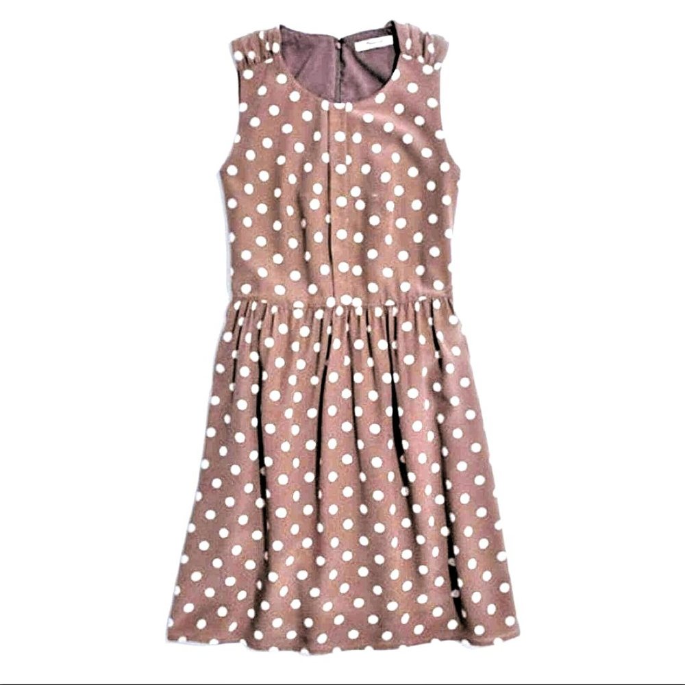 Madewell 100% Silk Tan/Taupe Shirred Polka Dot Dress, Sz 4